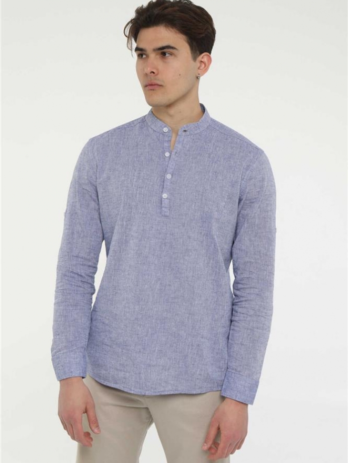 Πουκαμίσα λινή με μάο γιακά, slim fit.