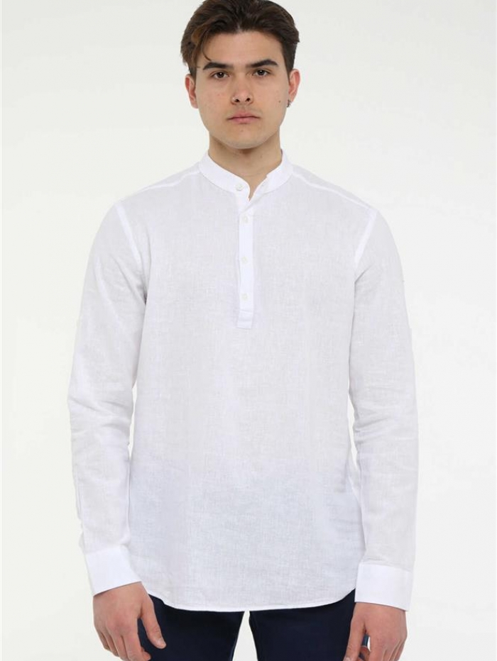 Πουκαμίσα λινή με μάο γιακά, slim fit.