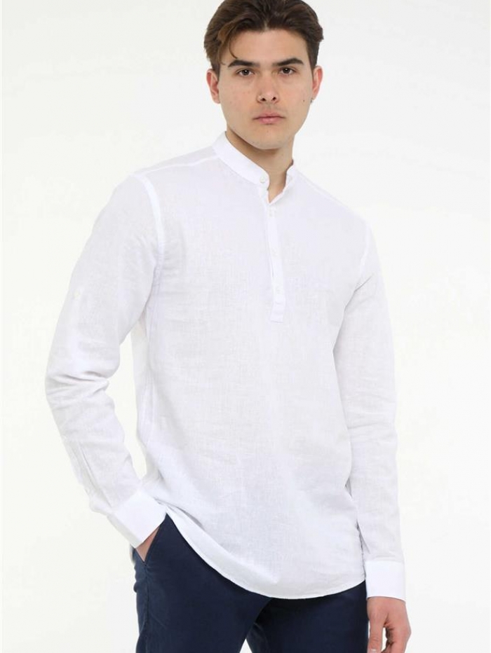 Πουκαμίσα λινή με μάο γιακά, slim fit.