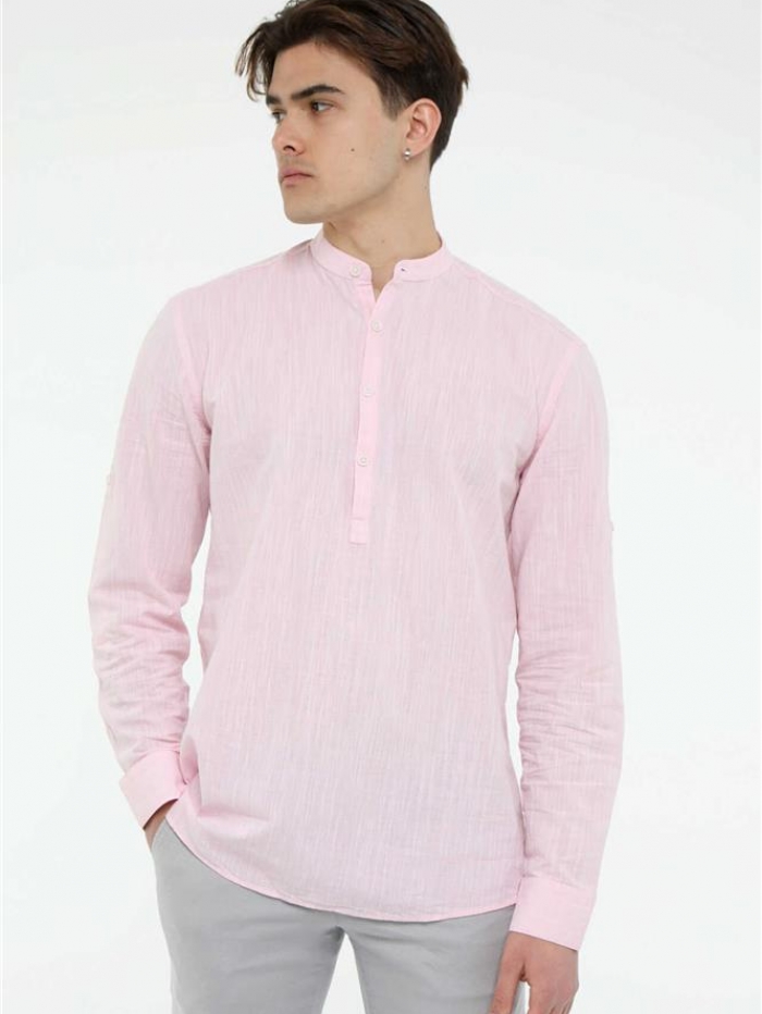 Πουκαμίσα λινή με μάο γιακά, slim fit.