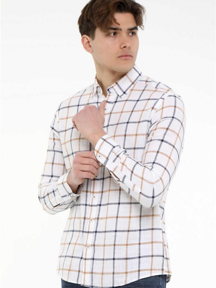 Πουκάμισο καρό, λινό με γιακά, slim fit.