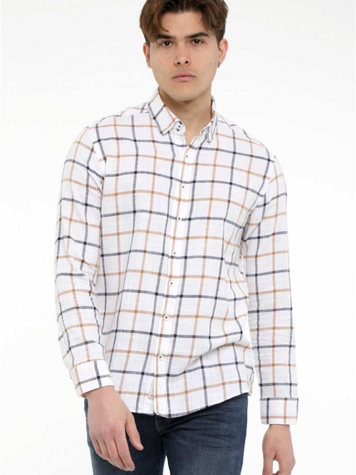 Πουκάμισο καρό, λινό με γιακά, slim fit.