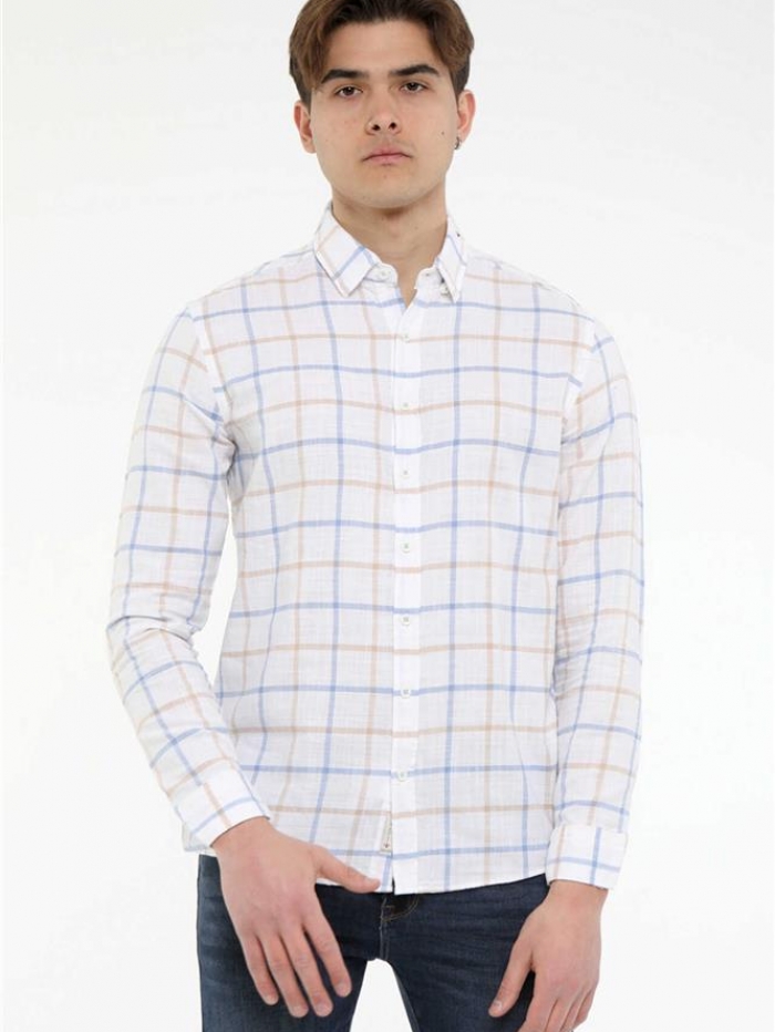 Πουκάμισο καρό, λινό με γιακά, slim fit.