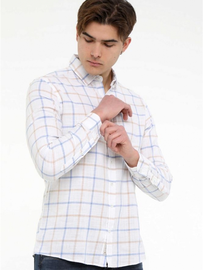 Πουκάμισο καρό, λινό με γιακά, slim fit.