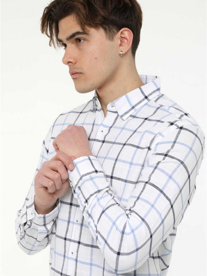 Πουκάμισο καρό, λινό με γιακά, slim fit.