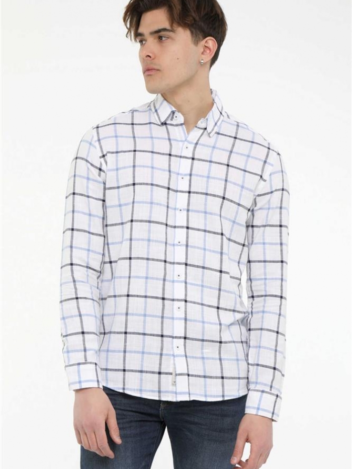 Πουκάμισο καρό, λινό με γιακά, slim fit.