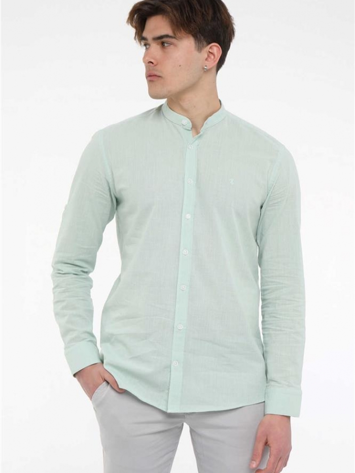 Πουκάμισο λινό με μάο γιακά, slim fit.