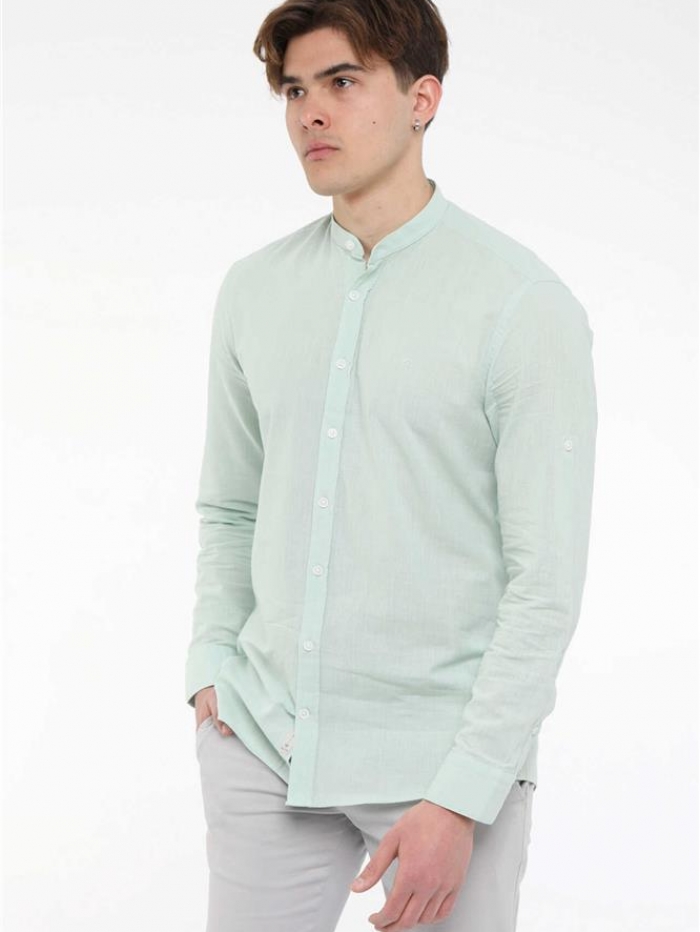 Πουκάμισο λινό με μάο γιακά, slim fit.