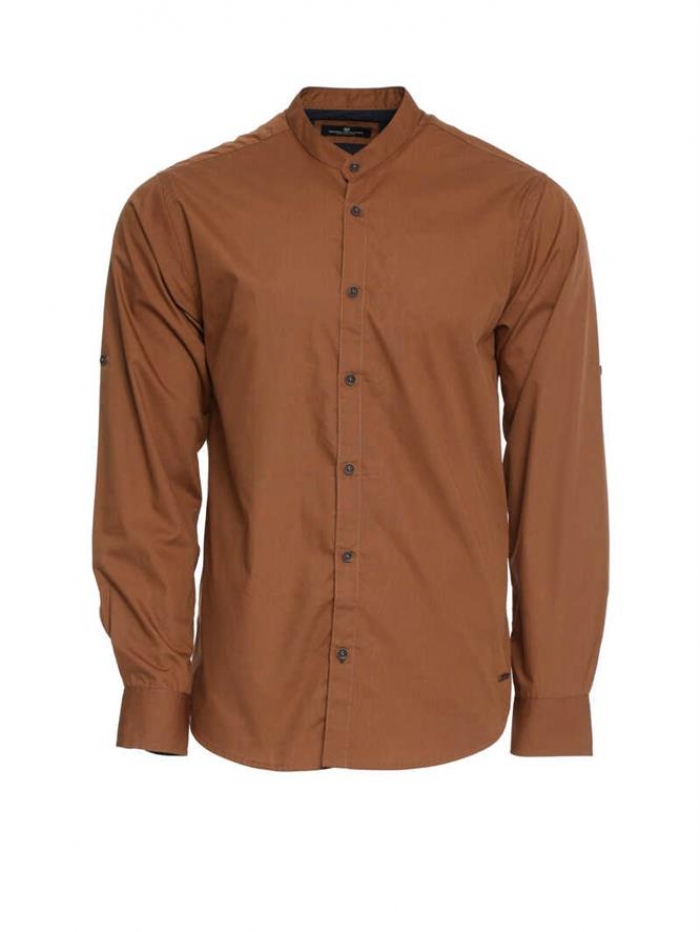 Πουκάμισο μακρυμάνικο, μονόχρωμο με παπαδίστικο γιακά, slim fit Double.